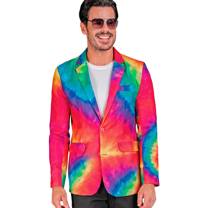 Herenjasje tie dye neon vooraanzicht met klepzakken en borstzakje, voor een reggaefeest