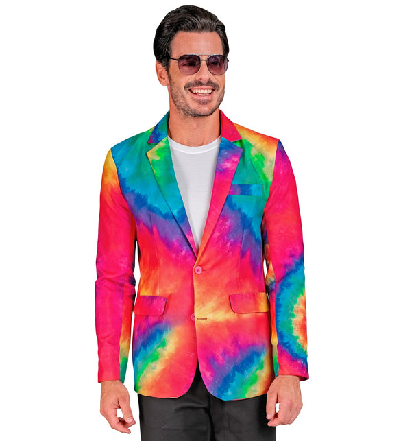 Herenjasje tie dye neon vooraanzicht met klepzakken en borstzakje, voor een reggaefeest