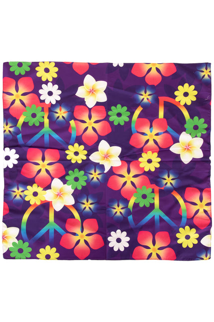 Hippie zakdoek paars met roze, gele en witte bloemen en regenboogkleurige peacetekens, 70 x 70 cm