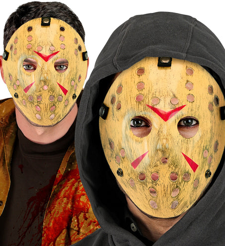 Hockeymasker killer gedragen door twee heren, los op het gezicht en onder een zwarte capuchon