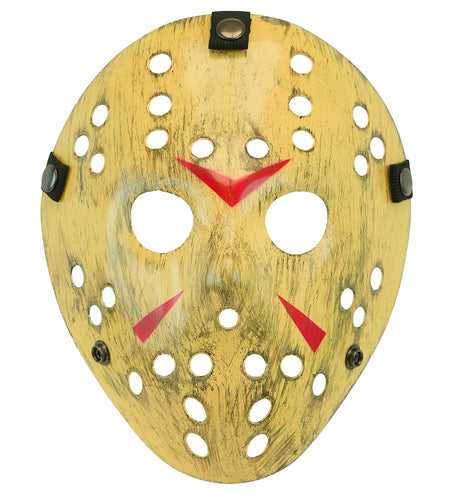 Hockeymasker killer in vergeeld geel met rode strepen, luchtgaten en zwarte bandjes met drukknopen
