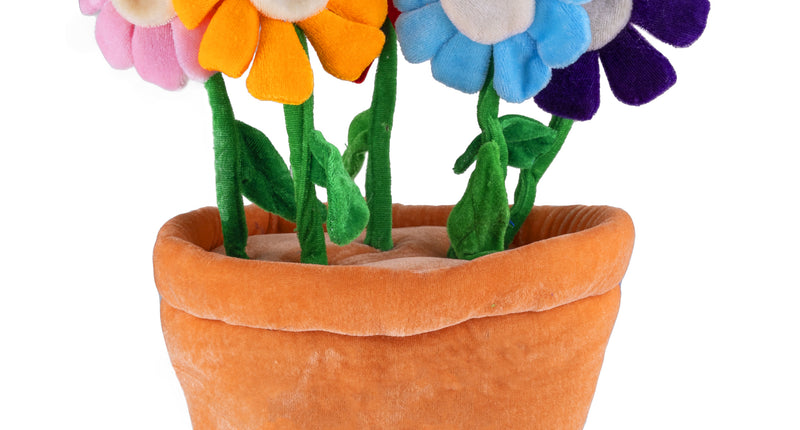 Hoed bloempot met bloemen: oranje plush bloempot met vijf gekleurde stoffen bloemen voor een themafeest