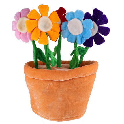 Hoed bloempot met bloemen: oranje plush bloempot met vijf gekleurde stoffen bloemen voor een themafeest