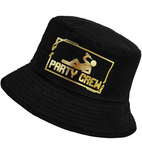 Hoed bucket party crew in zwart met gouden opdruk, vooraanzicht van de zwarte bucket hoed