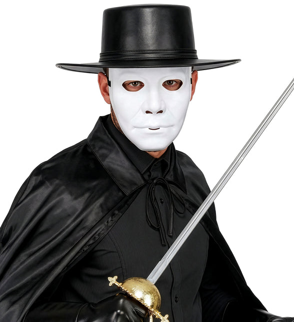 Hoed eco leer zwart met wit gezichtsmasker en zwarte cape voor verkleedfeest