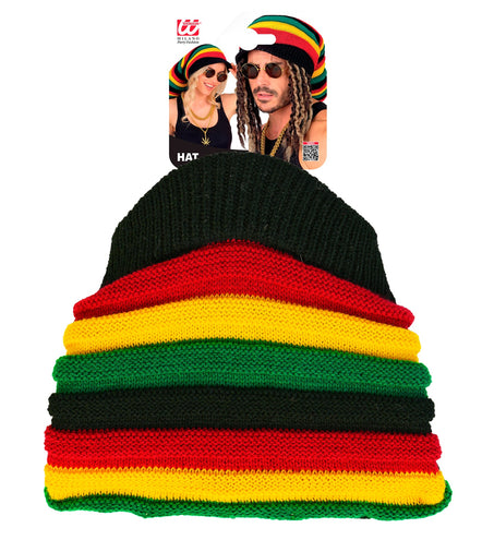 Hoed tam rasta van boven gezien met horizontale rastastrepen en verpakkingskaart