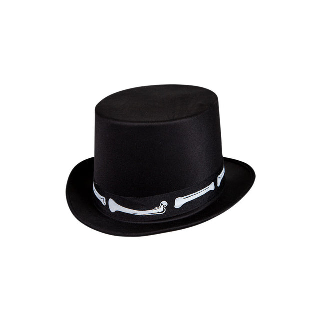 Hoge hoed satijn met nep botten, zwarte cilinderhoed met witte botten op de sierband voor Halloween