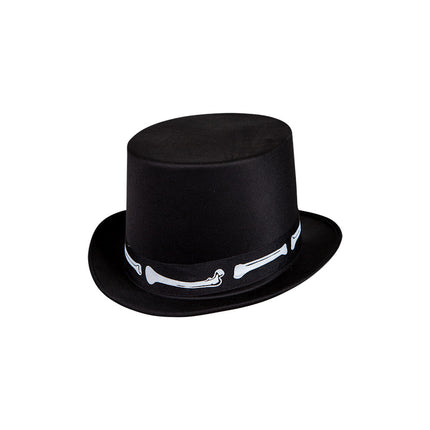 Hoge hoed satijn met nep botten, zwarte cilinderhoed met witte botten op de sierband voor Halloween