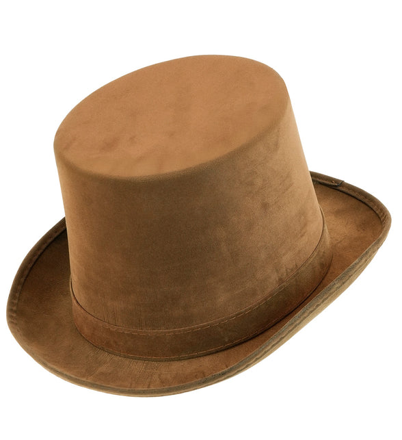 Hoge hoed vintage suede bruin met sierband en omgeslagen rand, schuin vooraanzicht