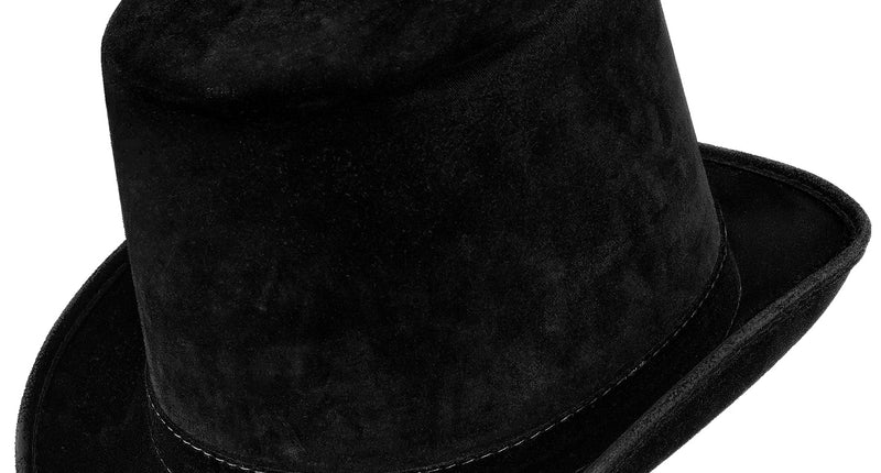 Hoge hoed vintage suede zwart met gestikte sierband en omgeslagen rand, schuin vooraanzicht