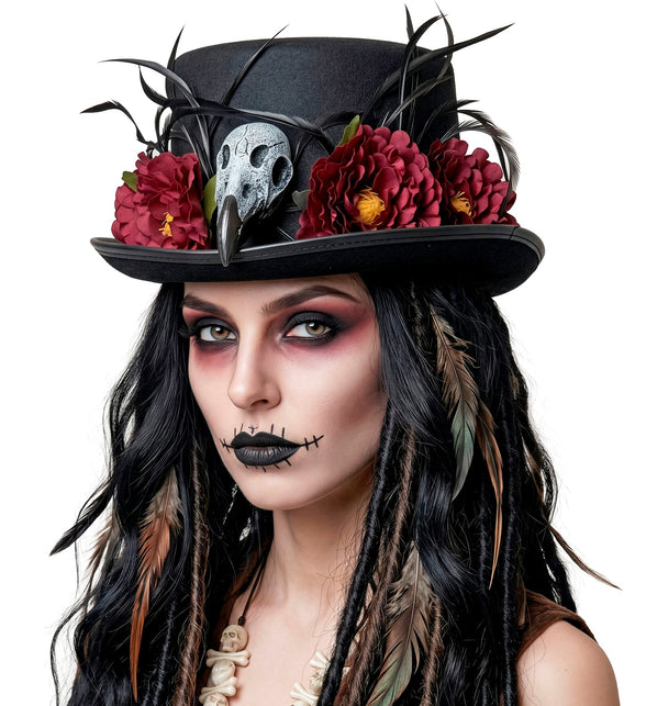 Hoge hoed voodoo op dames voodoolook met zwarte dreadlocks en donkere make-up