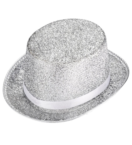 Hoge hoed zilver glitter lurex met witte band en omgeslagen rand, zilverkleurig glitterweefsel