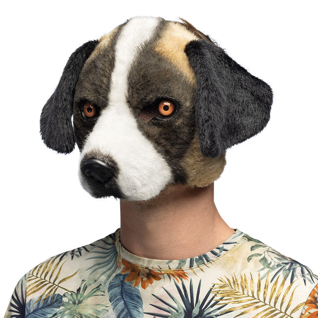 Hondenmasker Bernard van pluche, bruin-wit met zwarte flaporen, gedragen door een man op een dierenfeest