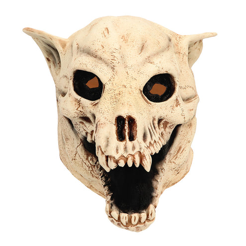 Hondenschedelmasker van latex van dichtbij, met holle oogkassen, neusholte en puntige tanden