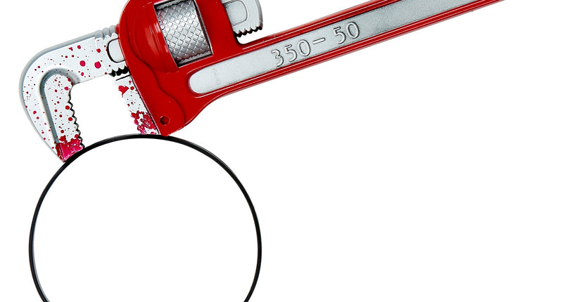 Hoofdband baco door hoofd met rood-zilveren pijpsleutel en rode bloedspatten op zwarte haarbeugel