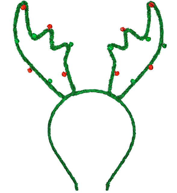 Hoofdband rendier groen met glitterdraad gewei en rode en groene belletjes voor Kerst
