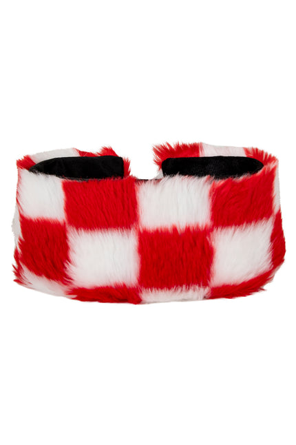 Hoofdband rood wit geblokt van langharig nepbont met grof blokpatroon, voor carnaval