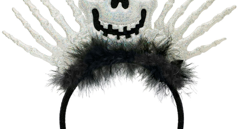 Hoofdband skelet Stijn met glinsterende schedel, wiebeloogjes, skelethanden en zwarte veren