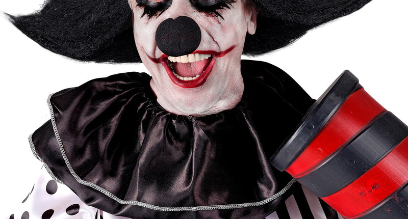 Hoofdbedekking sinister clown Lynn met kale kap en breed uitstaand zwart haar voor Halloween