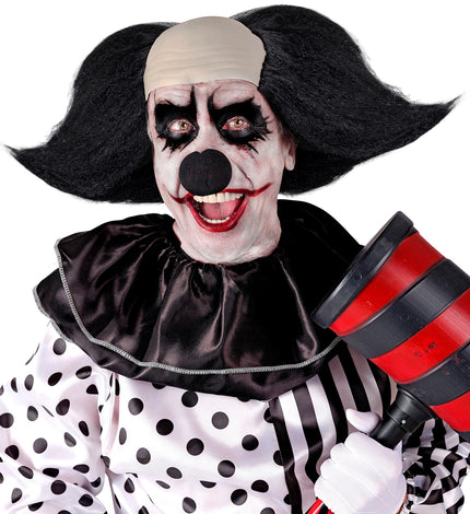 Hoofdbedekking sinister clown Lynn met kale kap en breed uitstaand zwart haar voor Halloween