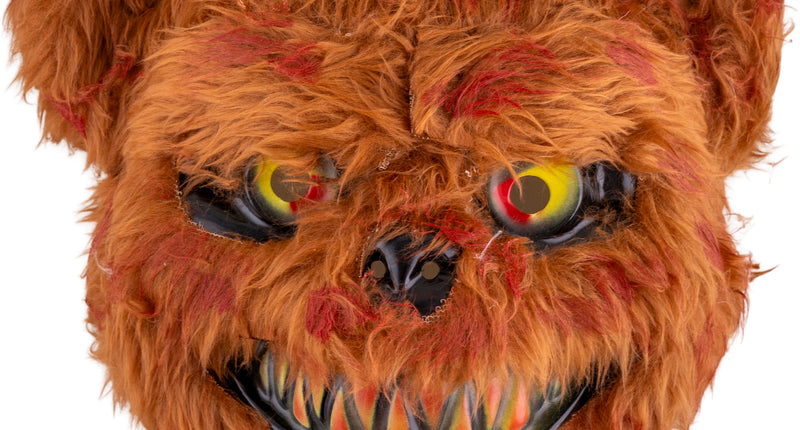 Horror berenmasker bruin met ruige vacht, gele ogen en spitse tanden voor Halloween