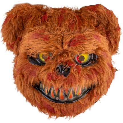 Horror berenmasker bruin met ruige vacht, gele ogen en spitse tanden voor Halloween