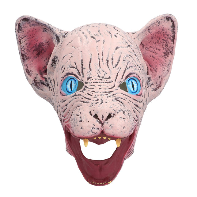Horror cat hoofdmasker van voren met gerimpelde roze huid, grote oren en gele hoektanden