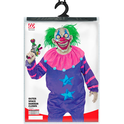 Horror clown jumpsuit Creapy in de verpakking van Widmann met maattabel S tot XXL