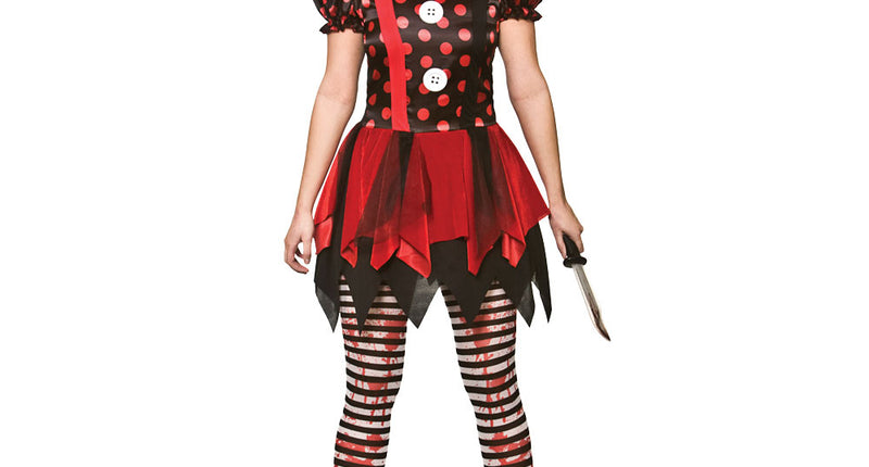 Horror clown jurkje dames in zwart met rode stippen, rode strik en gepunte tule rok voor Halloween
