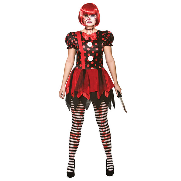 Horror clown jurkje dames in zwart met rode stippen, rode strik en gepunte tule rok voor Halloween