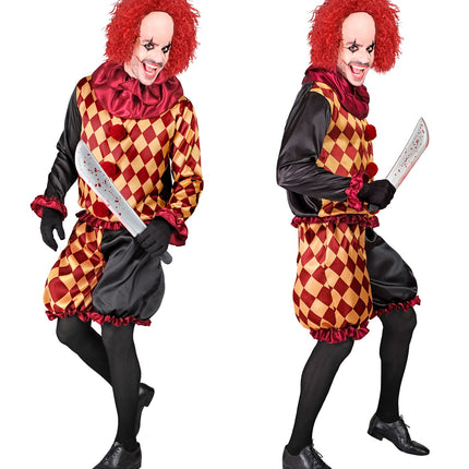 Horror clown kostuum heren van voren en van opzij, zwarte satijnen mouwen met bordeaux ruches