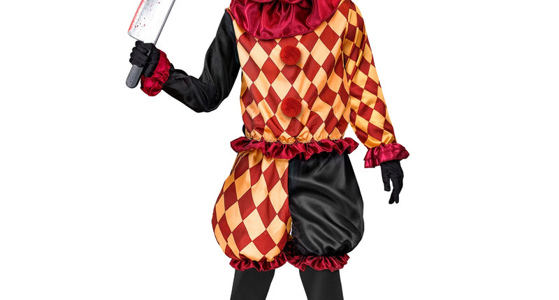 Horror clown kostuum Lars jongens met rood-goud geruite jas, rode pompons en geplooide kraag voor Halloween