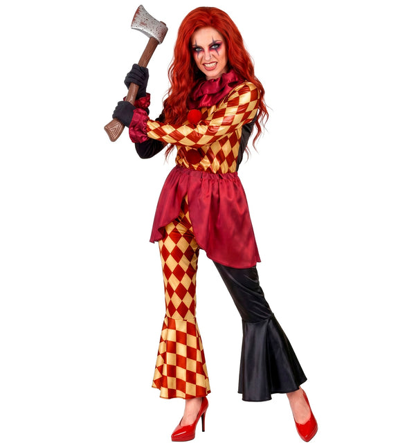 Horror clown kostuum Sara dames met rood-goud ruitpatroon en geplooide kraag voor Halloween