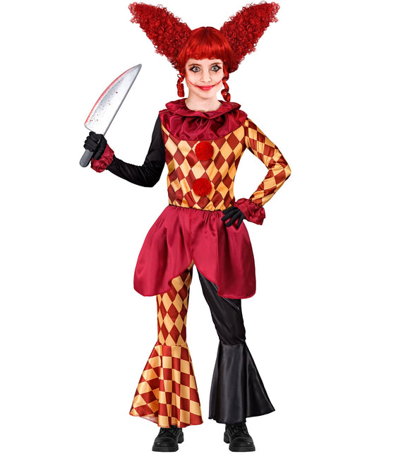 Horror clown kostuum Sara meisjes met bordeaux schootrand en wijd uitlopende broekpijpen
