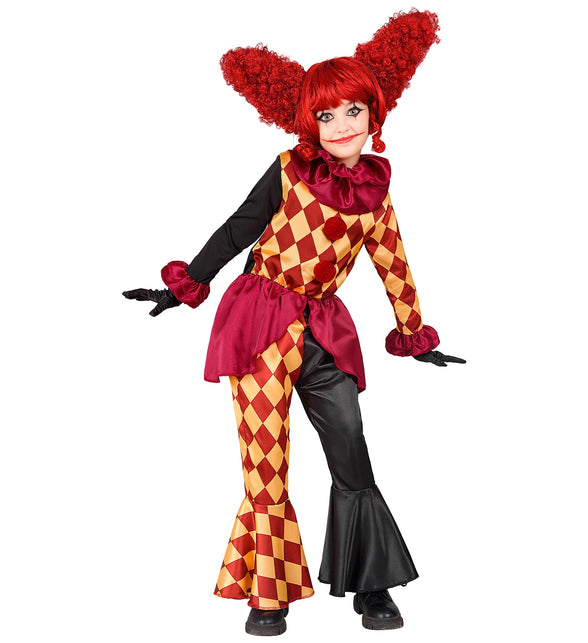 Horror clown kostuum Sara meisjes met rood-geel ruitpatroon en bordeaux plooikraag voor Halloween