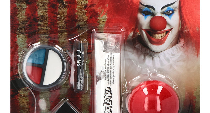 Horror clown schminkset met rode clownsneus, driekleurig schminkpotje, zwarte stick, witte aquacrème en sponsje op kaart