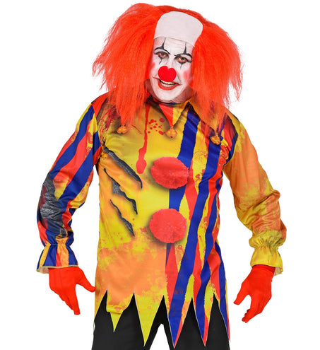 Horror clown shirt psycho met lange mouwen en gesmokte manchetten, vooraanzicht op model