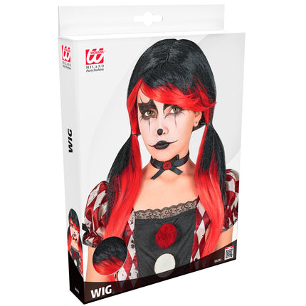 Horror clownpruik meisjes zwart met rood in de verpakking van Widmann