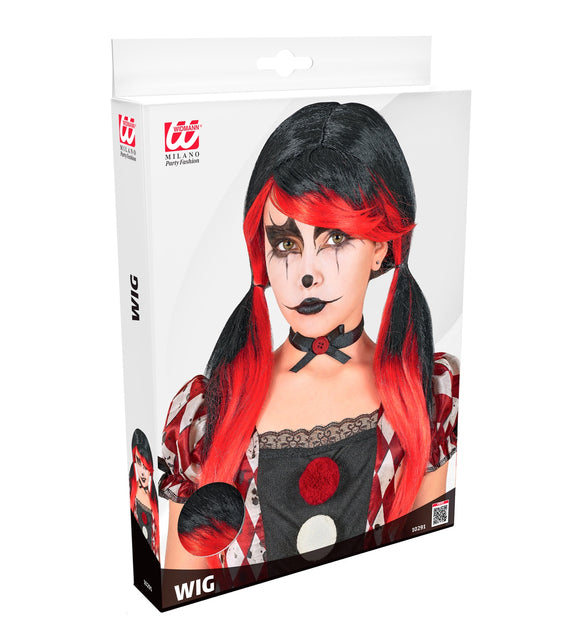 Horror clownpruik meisjes zwart met rood in de verpakking van Widmann