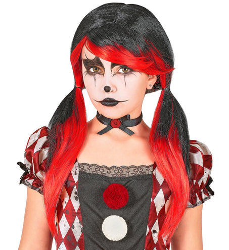 Horror clownpruik meisjes met zwarte bovenlaag, felrode lokken en twee lange zijstaarten voor Halloween