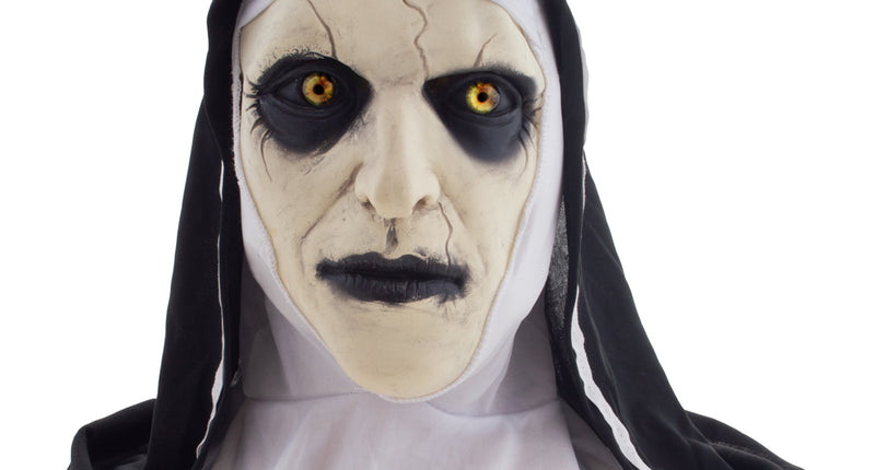 Horror nonnenmasker van latex met gebarsten bleke huid, gele ogen en zwart-witte kap voor Halloween