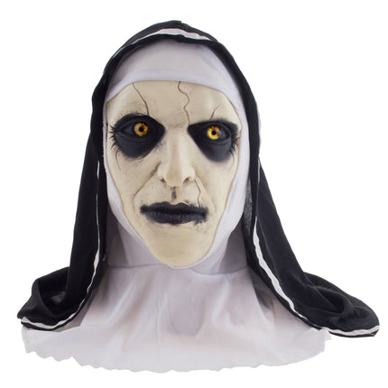 Horror nonnenmasker van latex met gebarsten bleke huid, gele ogen en zwart-witte kap voor Halloween