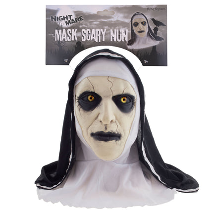 Horror nonnenmasker latex in verpakking van Funny Fashion met kartonnen kaart