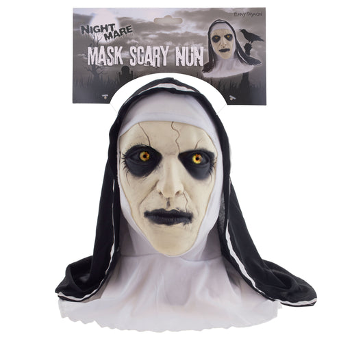 Horror nonnenmasker latex in verpakking van Funny Fashion met kartonnen kaart