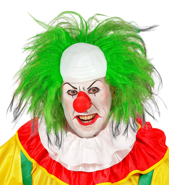 Horrorclown pruik groen met witte kale kap en wild uitstaand felgroen haar voor Halloween