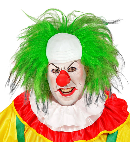 Horrorclown pruik groen met witte kale kap en wild uitstaand felgroen haar voor Halloween