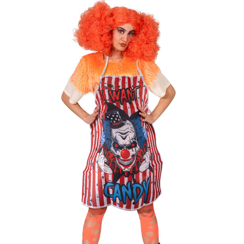 Horrorclown schort dames gecombineerd met oranje krulpruik en clownsschmink