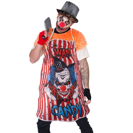 Horrorclown schort gedragen door man met clownsschmink en hoge hoed op Halloweenfeest