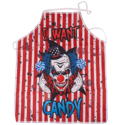 Horrorclown schort rood-wit gestreept met I want candy print en clownskop met rode neus
