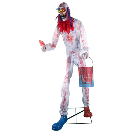 Horrorclown met verfpot met oplichtende ogen, rood-blauwe haren en verfroller voor Halloween